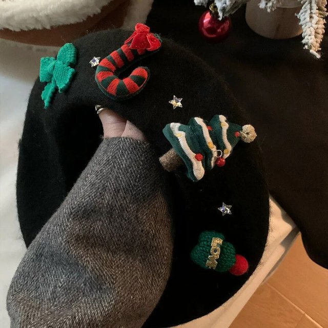 Sombrero de Navidad para mujer, boina roja y verde, sombreros de invierno, vestido de fiesta de navidad, regalos de Año Nuevo, boina de Tweed de lana para mujer