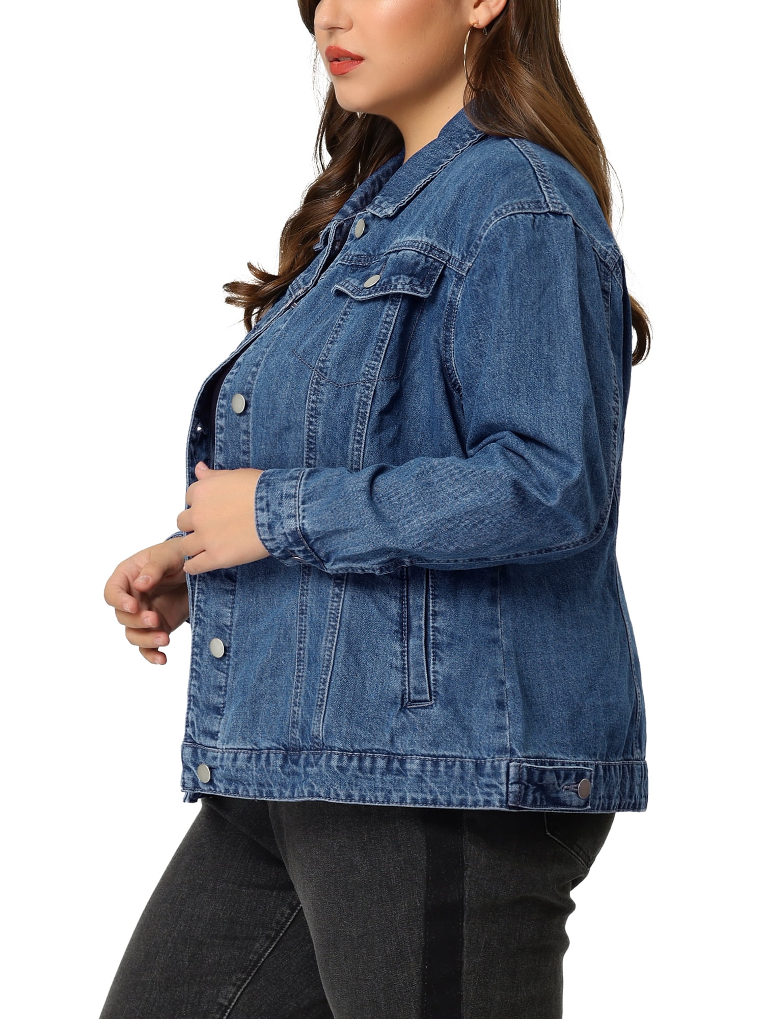 Unique Bargains Women's Plus Size Long Sleeve Button Front Washed Denim Jacket