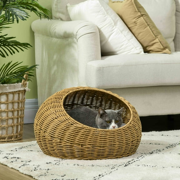 PawHut Rattan Cat Bed, Wicker Cat House Basket with Washable Cushion for Small Indoor Cats and Dogs, Light Brown