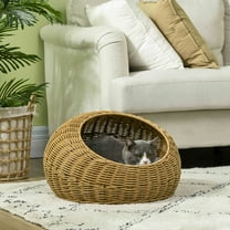 PawHut Rattan Cat Bed, Wicker Cat House Basket with Washable Cushion for Small Indoor Cats and Dogs, Light Brown