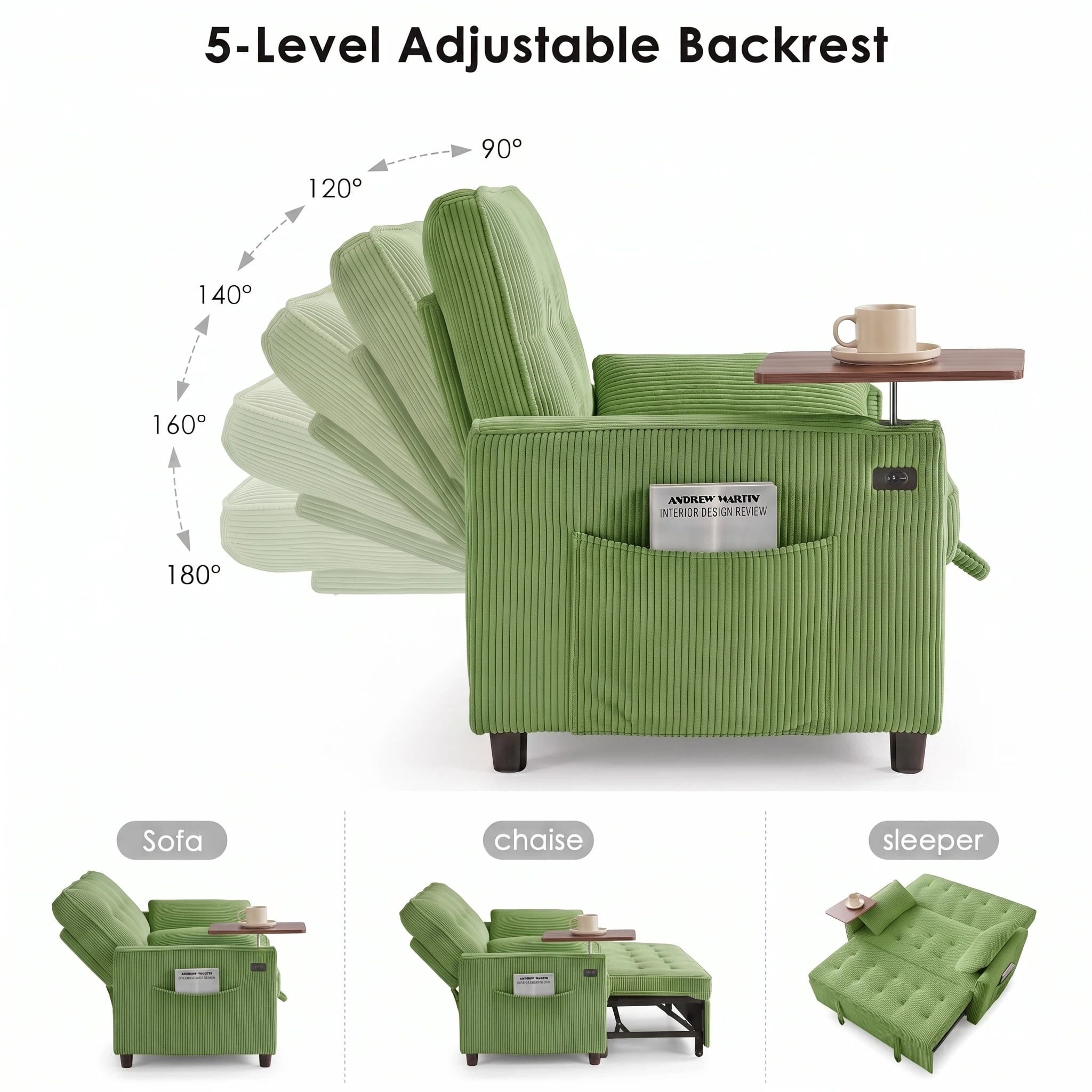 AISWORD 55" 3-in-1 Convertible Sleeper Sofa Bed, Pull Out Loveseat Couch with Side Tray Table & USB Charging Port, Adjustable Backrest Sofa for Apartment, Bedroom, Office, Green