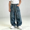 thumbnail image 2 of Agkizg Boys Washed Cargo Jeans Wide Leg Distressed Vintage Pants with Waist Multi-Pockets Streetwear, Sizes 7-8 Years, 2 of 5