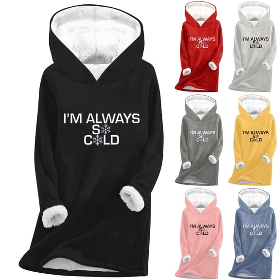 Feancey Warm Pullover Hoodies for Women Casual Letter Print Thermal Tops Winter Fleece Lined Hooded Sweatshirts Cozy Soft Lounge Pajamas Light Blue XL