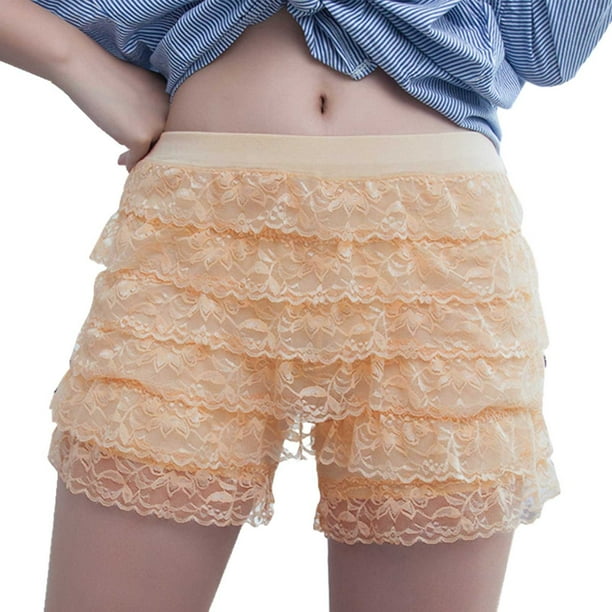 Pantalones cortos cómodos de cintura alta con encaje liso para mujer - Poliéster y spandex, corte holgado y sexy para ropa de estar por casa/ropa interior