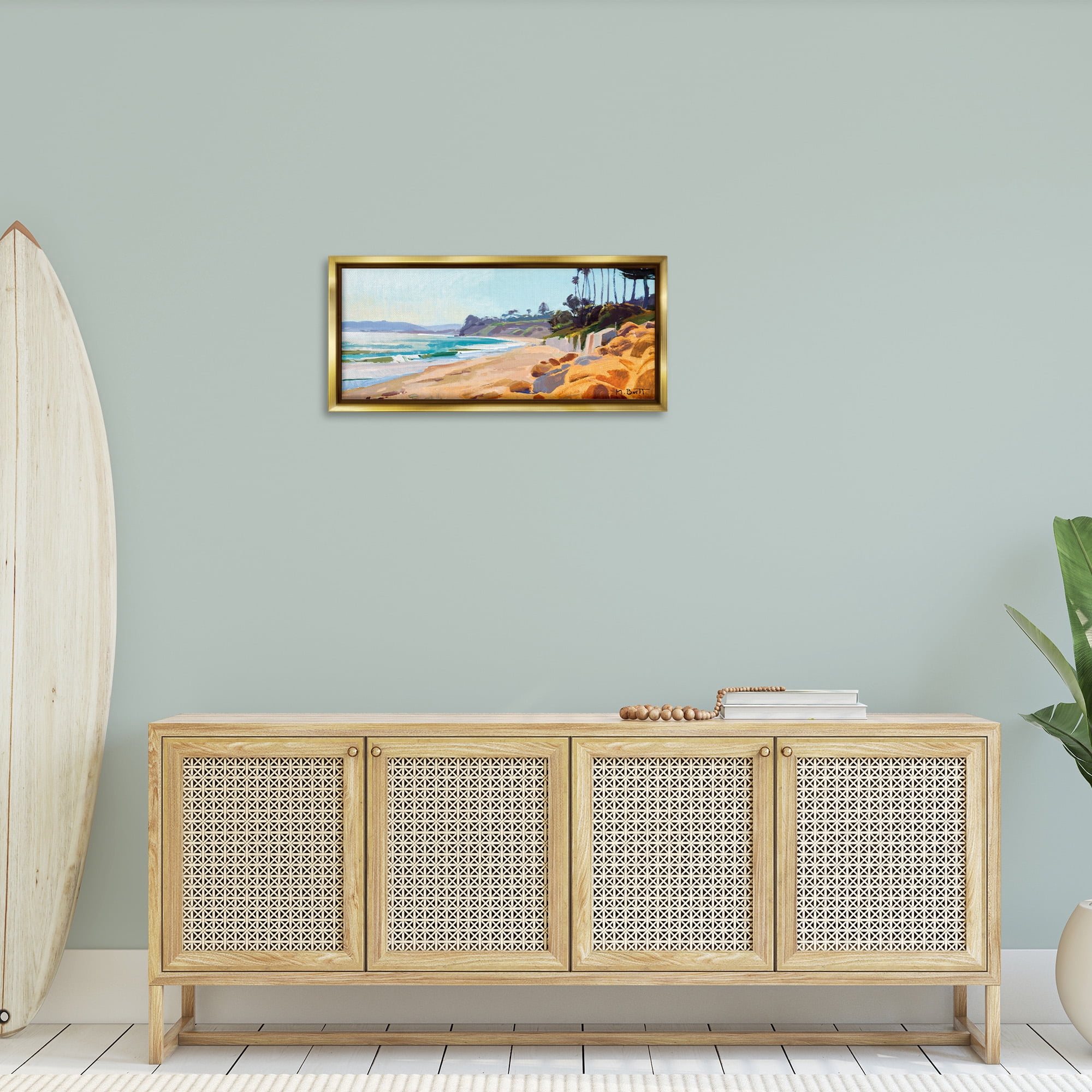 Stupell Industries Summer Beach Landscape Painting Nature Painting Gold Floater Framed Canvas Art Print Wall Art, 31 x 14
