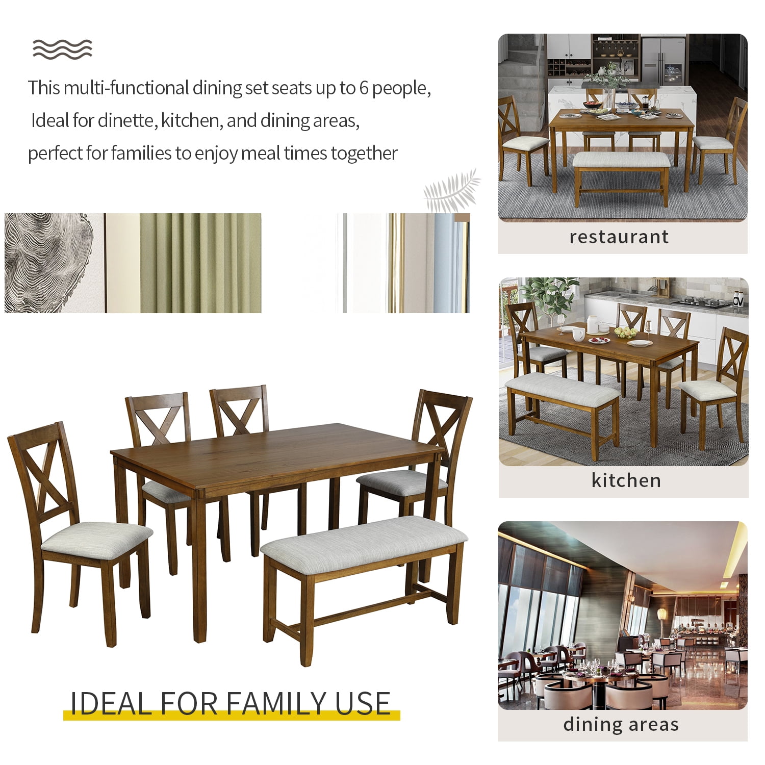 Kadyn Rectangular Dining Table Set 6 Pc, Wooden Modern Dining Chairs Seat, 6-piece Kitchen Dining Table Set Dining Table, 4 Dining Chairs and Bench, Brown Kadyn Rectangular Dining Table Set 6 Pc, Wooden Modern Dining Chairs Seat, 6-piece Kitchen Dining Table Set Dining Table, 4 Dining Chairs and Bench, Brown