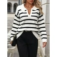 thumbnail image 4 of Women'S Striped Sweater Trendy V Neck Long Sleeve Knit Pullover Loose Jumper Tops Knitwear White S, 4 of 7