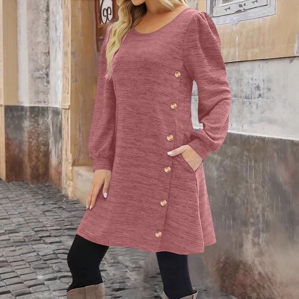 TaTaai Women's Long Sleeve Dress with Pockets Round Neck Button Front Casual Loose Fit A Line Midi Dress Soft Comfortable Solid Color for Spring Fall Daily Gift