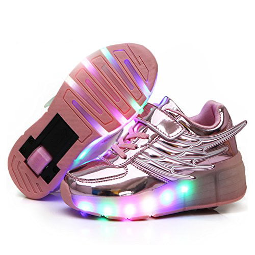 Feel Young Kids Led Roller Skate Shoes Double Wheels Sneakers Light Up Running Shoes 
