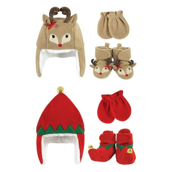 Hudson Baby Infant Girl 6Pc Trapper Hat, Mitten and Bootie Set, Red Elf Girl Reindeer, 0-6 Months