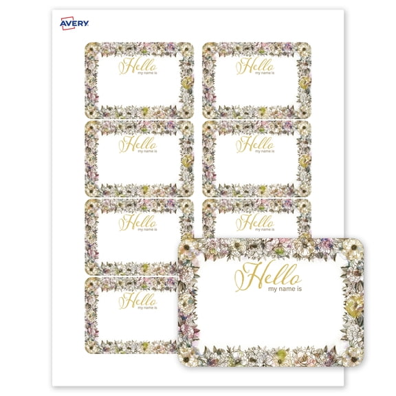 Avery Adhesive Name Tags, Pre-printed Floral Gold Hello Design