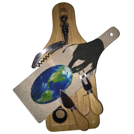 

KuzmarK Wine & Cheese Glass Cutting Board Wood Box Gift Set - Elephant Wildlife Earth Painting