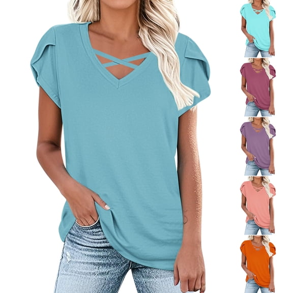pstuiky Short Sleeve Tshirts Shirts for Women Oversized V-Neck Solid Color Women'S Blouses Formal Loose Fit Comfortable Fashion Clothing Workout Tops for Women