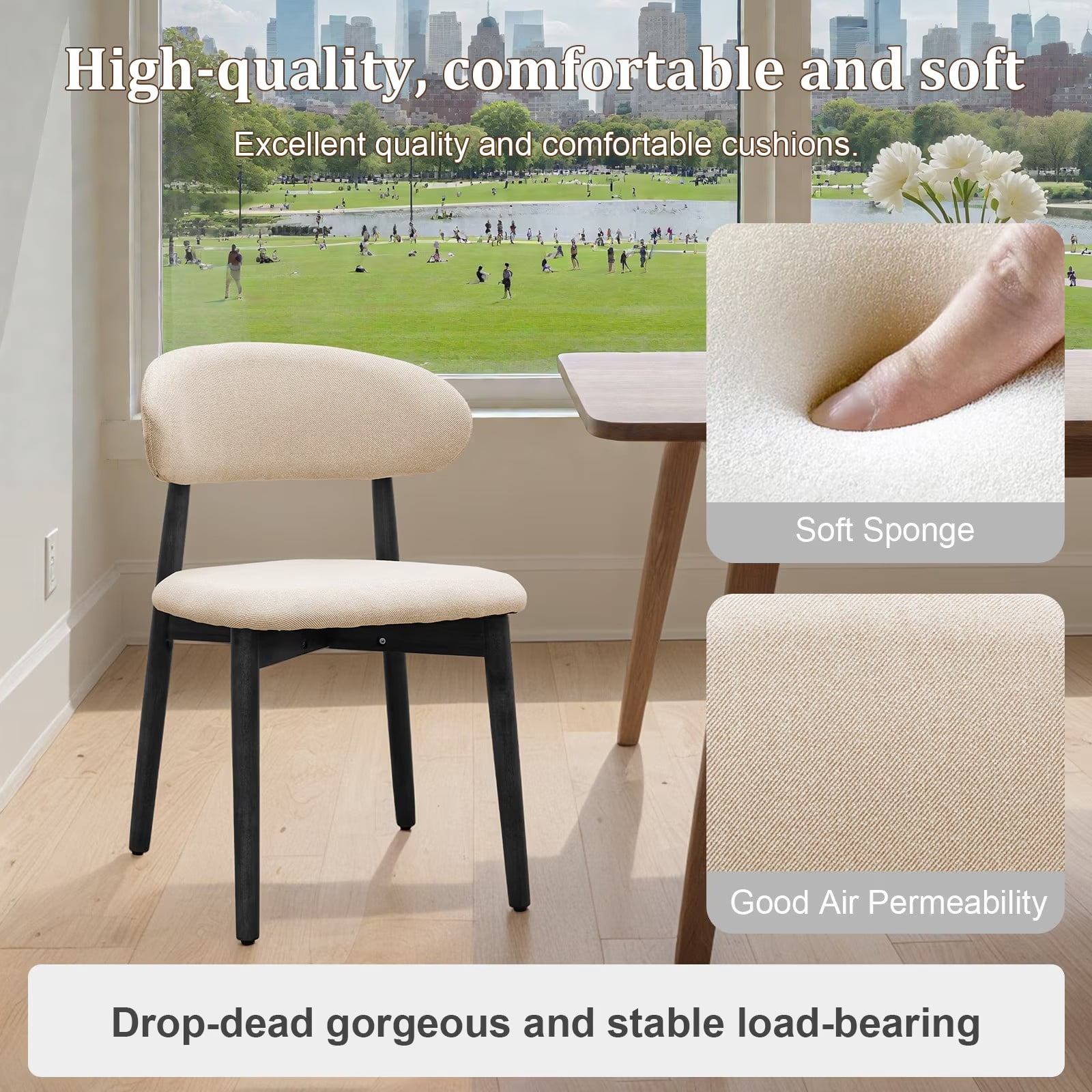 Upholstered Dining Chairs Set of 2, Beige Flannelette Dining Chairs with Walnut Solid Wood Legs, Mid Century Modern Armless Kitchen Side Chairs for Dining, Restaurant, Living Room