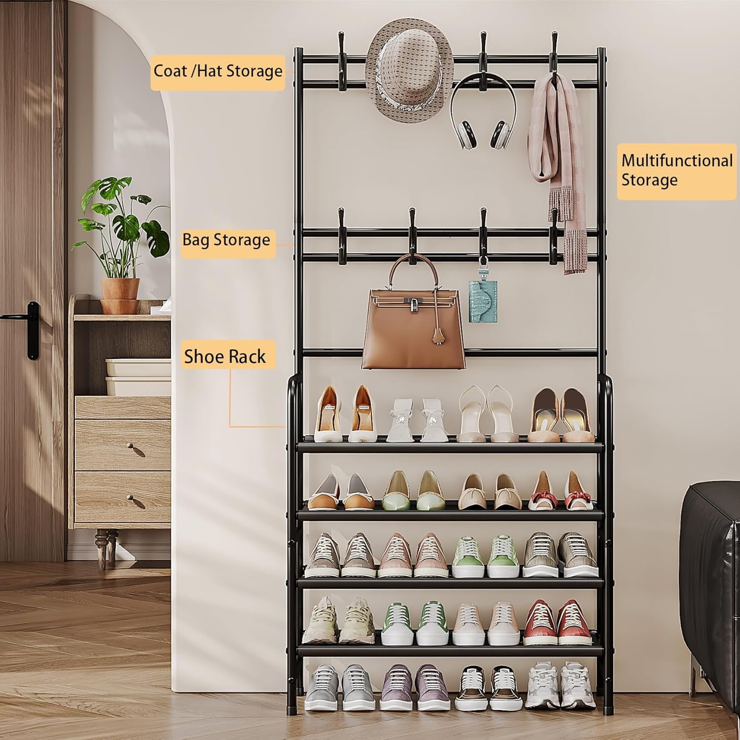SEAMIKA Coat Rack Shoe Rack With Storage Shelf Freestanding with 8 Hooks for Entryway Bedroom Closet 4 Tier, Black