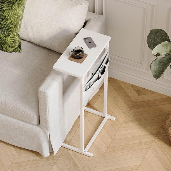 C Shaped End Table, Side Table for Sofa, Small TV Tray, Couch Table with Storage Bag for Small Space, Living Room, Bedroom, Home Office LET501W (White)