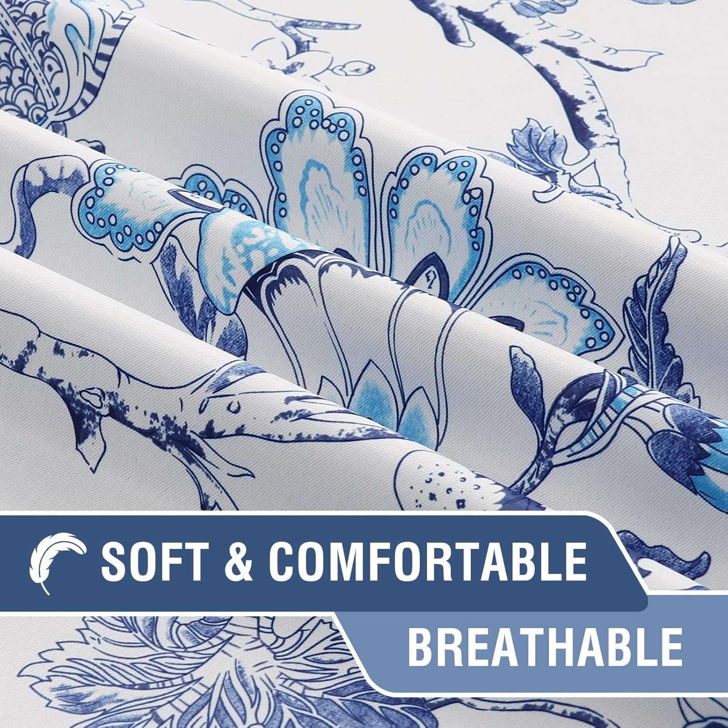 Turquoize Blackout Curtains 2 Panels Floral Print Thermal Insulated Grommet for Living Room(52"x 63",Blue White)
