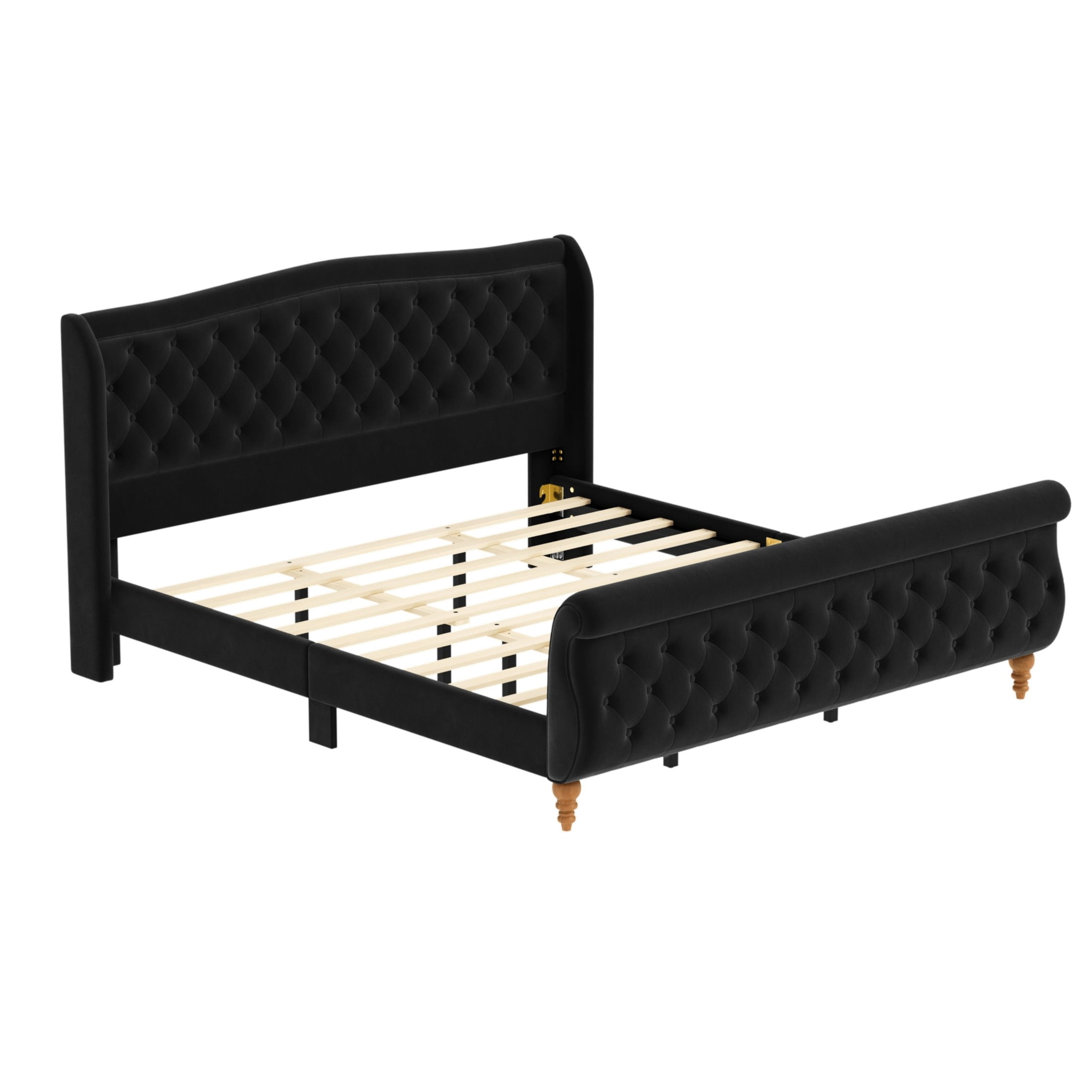 GDF Studio Orlan King Size Velvet Upholstered Sleigh Platform Bed Frame with Wood Slat Support, Modern Design, Black