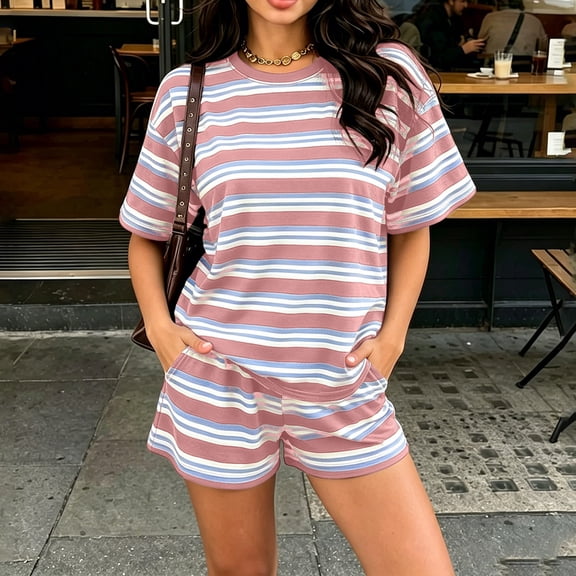 Cagogo Women Plus Size 2 Piece Shorts Set Striped Casual Summer Outfits Loose Round Neck Short Sleeve Tshirt Shorts Matching Lounge Sets Tracksuits Travel Airport Clothes, Pink M