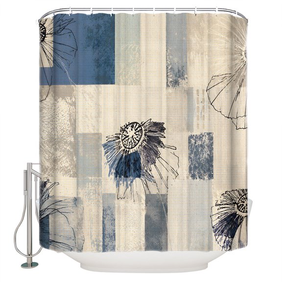Blue Floral Bathroom Shower Curtains with 12 Hooks Polyester Waterproof Shower Curtain for Stalls and Bathtubs Vintage Plants Patchwork Farmhouse Retro Beige Decorative Bathroom Curtain 36x78 Inches