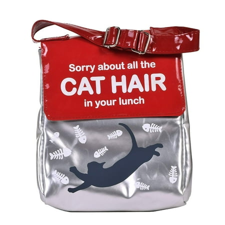 Cat Lunch Bag - Cat Insulated Lunch Bag - Silver & Red Food Tote by Wild Eye Designs