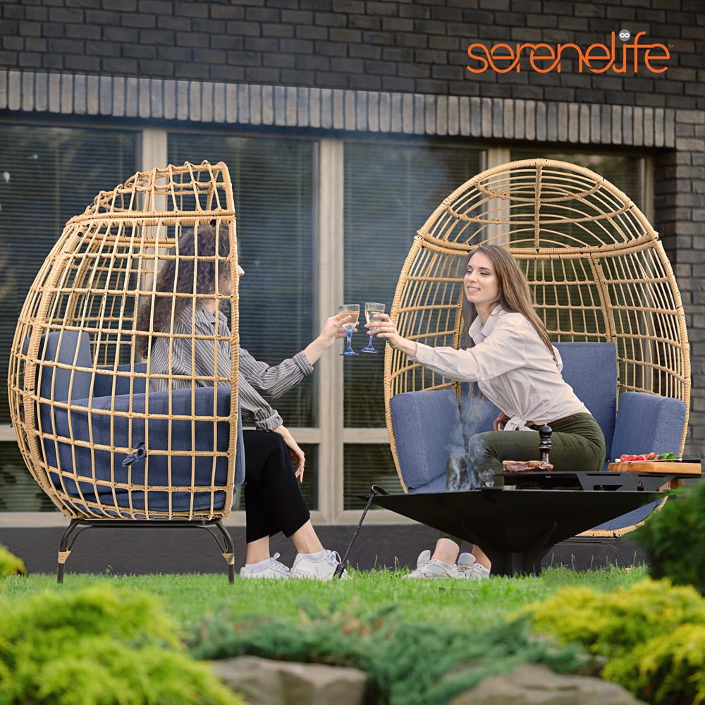 SereneLife Wicker Rattan Egg Chair, Indoor Outdoor Blue Sofa Chair for Patio Backyard & Living Room