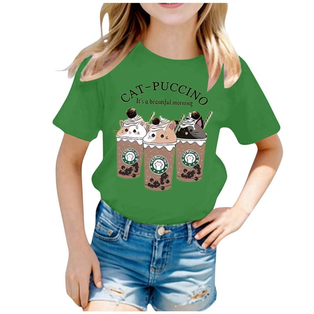WEAIXIMIUNG Vêtements pour Enfants Filles 7-8 École Enfants Filles Mignon Mode Imprimé Col Rond Manches Courtes Tee Été Décontracté T-Shirt Ample Hauts Confortables