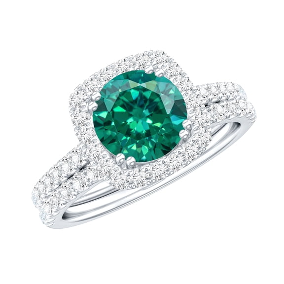 Rosec Jewels Lab Grown Emerald Wedding Rings Set - 2 Ct Engagement Ring with Band - AAAA Grade, 925 Sterling Silver, US 4.00
