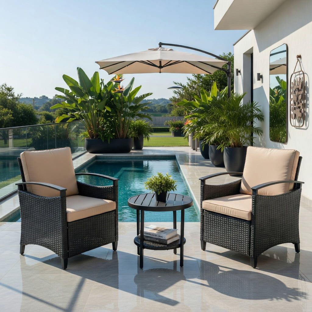 Hommoo 3-Piece Outdoor Rattan Patio Furniture Set, 2 Seater Sofas with Cushions + Storage Coffee Table with Shelf, Weather-Resistant Wicker Garden & Backyard Set, Brown and Black