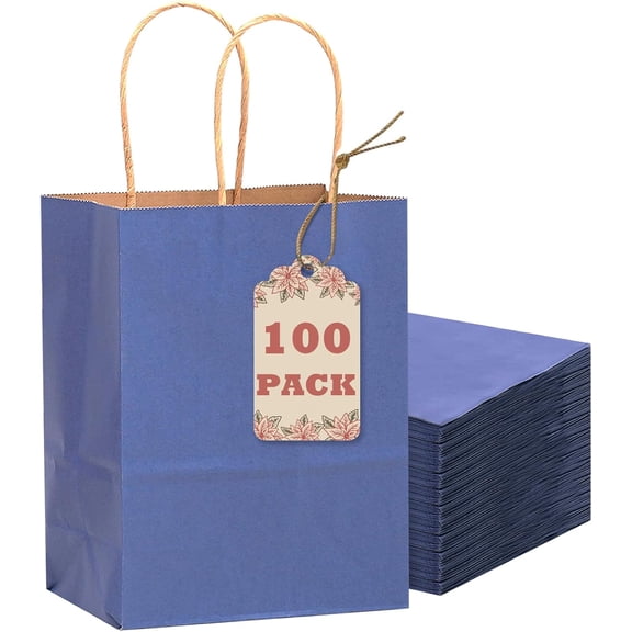 100PCS Gift Bag with Handles Bulk Kraft Deep Blue Paper Bags Multiple Uses (8.3"x3"x6"inch Small Size)