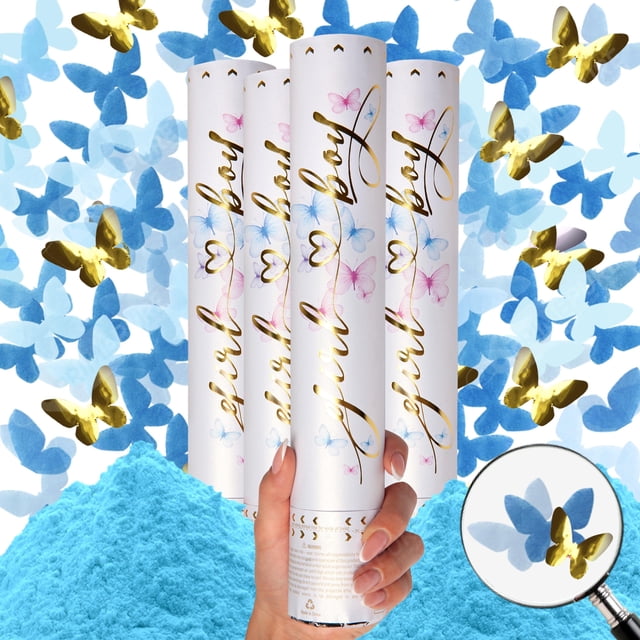Gender Reveal Confetti Cannon - 4 Pack - Blue Biodegradable Gender Reveal Smoke Bombs and Butterfly Shape Confetti Poppers | Baby Gender Reveal Powder Cannons | Powder Blaster Gender Reveal Machine
