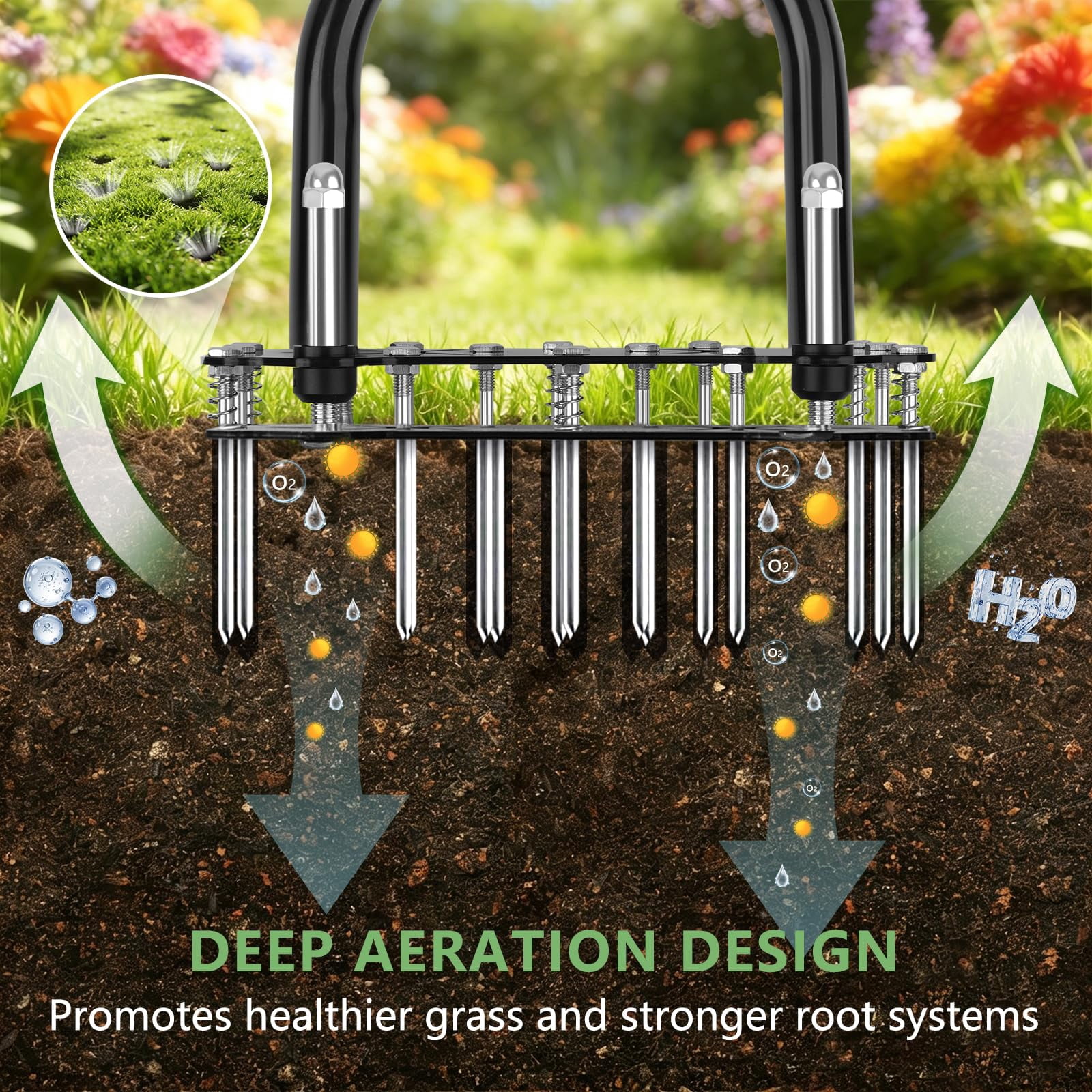 Adjustable Lawn Aerator Tool With Rebound Spring - 16 Metal Spikes Soil T-handle & Wide Foot Plate  Heavy Duty Yard For Garden Care