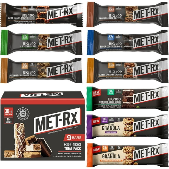 MET-Rx Big 100 Trial Pack, Meal Replacement Bars, 9 Count