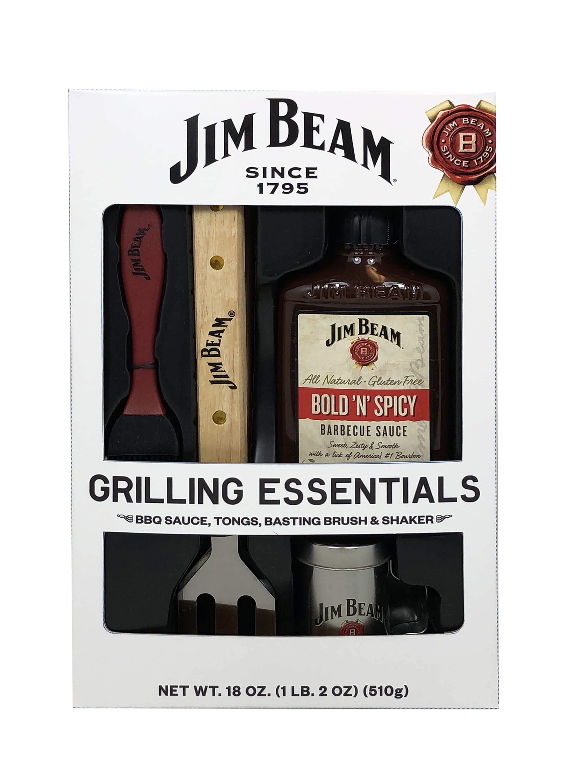 Jim Beam Deluxe BBQ Set with One 18oz Original Flavor Jim Beam BBQ Sauce, One BBQ Tongs, One Silicone Basting Brush and One Metal JIm Beam Branded Seasoning Shaker