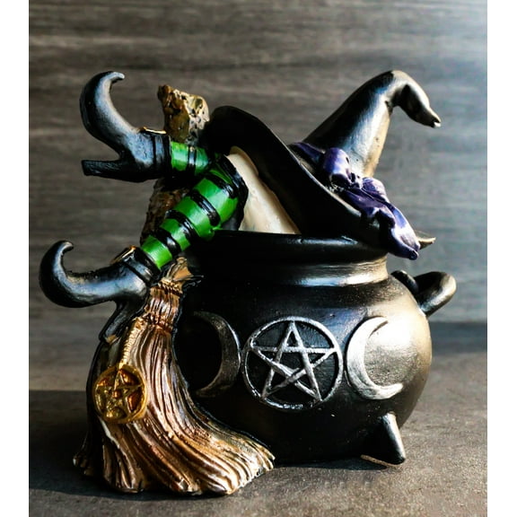 Sleeping Witch with Hat and Broomstick in Triple Moon Fire Cauldron Figurine