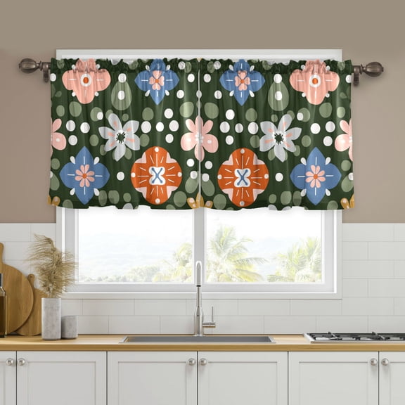 Yayeee Kitchen Curtains Tier Set of 2 Light Filtering 57"x24" Over Sink Window Panels, Blue Geometric Flowers