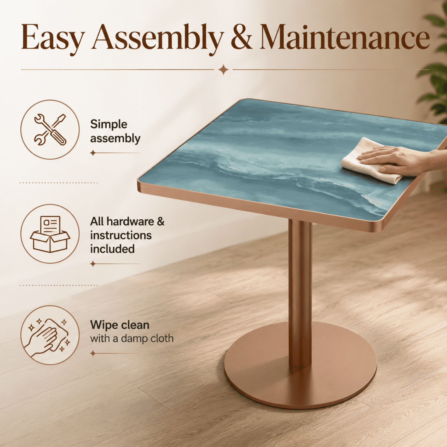 Miniyam 31.5 in Square Dining Table for 2-4, Marble-Look Sintered Stone Top, Stainless Steel Pedestal Base for Small Space, Teal