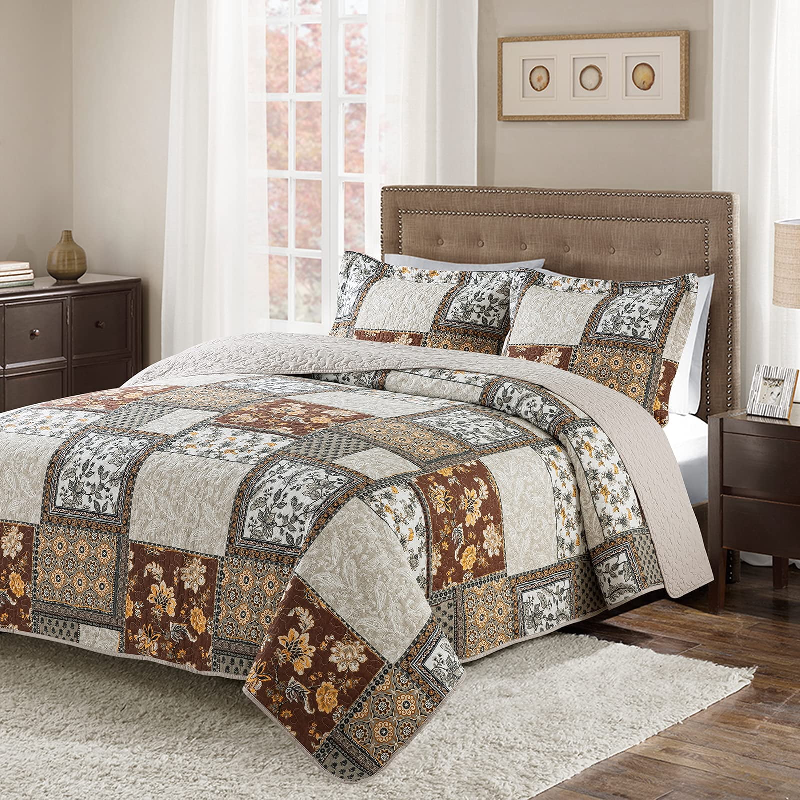 WannaToo Quilt Queen Size Comforter Cotton Bedding Set With Shams, Coffee