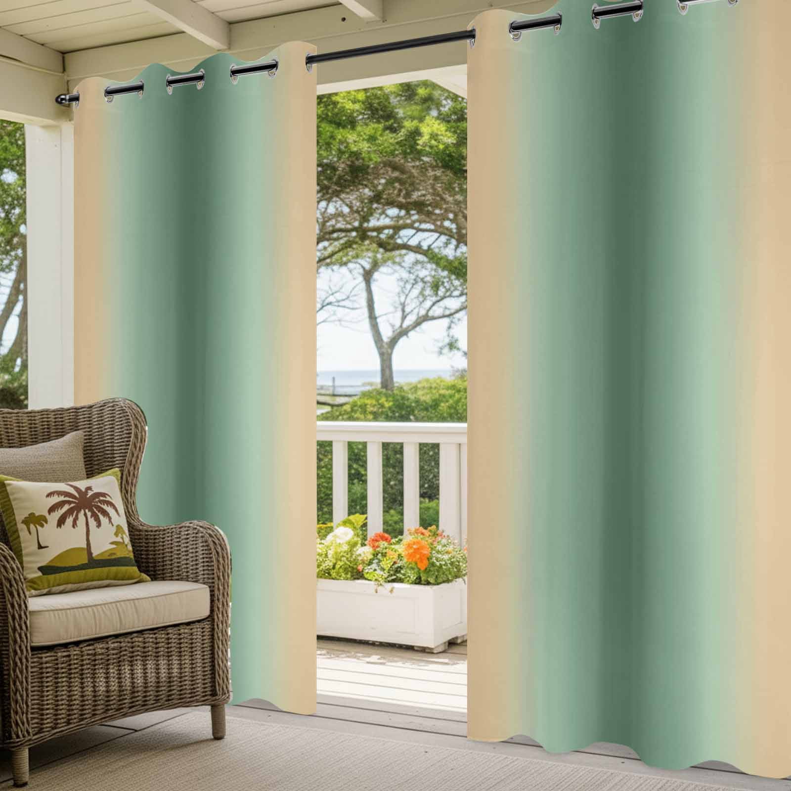 Outdoor Curtains for Patio Waterproof, Sage Green Yellow Ombre Windproof Pravicy Outside Porch Blackout Curtain, Farmhouse Modern Gradient Art Sun Blocking Grommets Curtains for Cabana 54"x108"