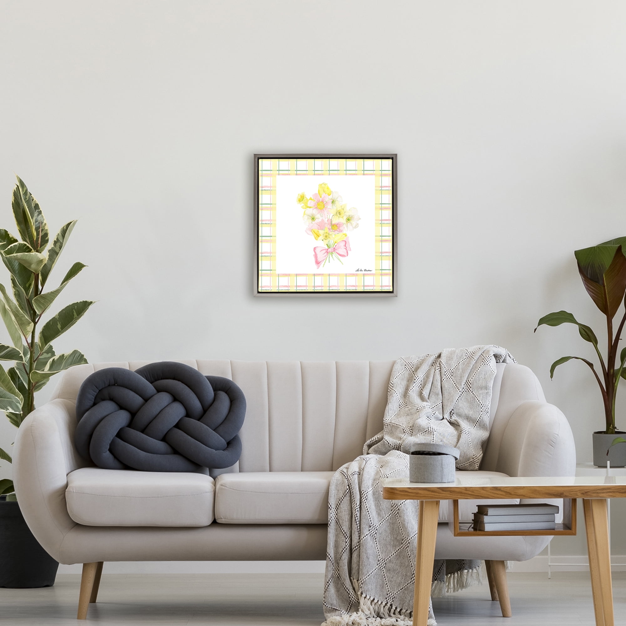 Spring Daffodils on Plaid Gray Framed Floater Canvas Wall Art, design by Lee Ann Sanders