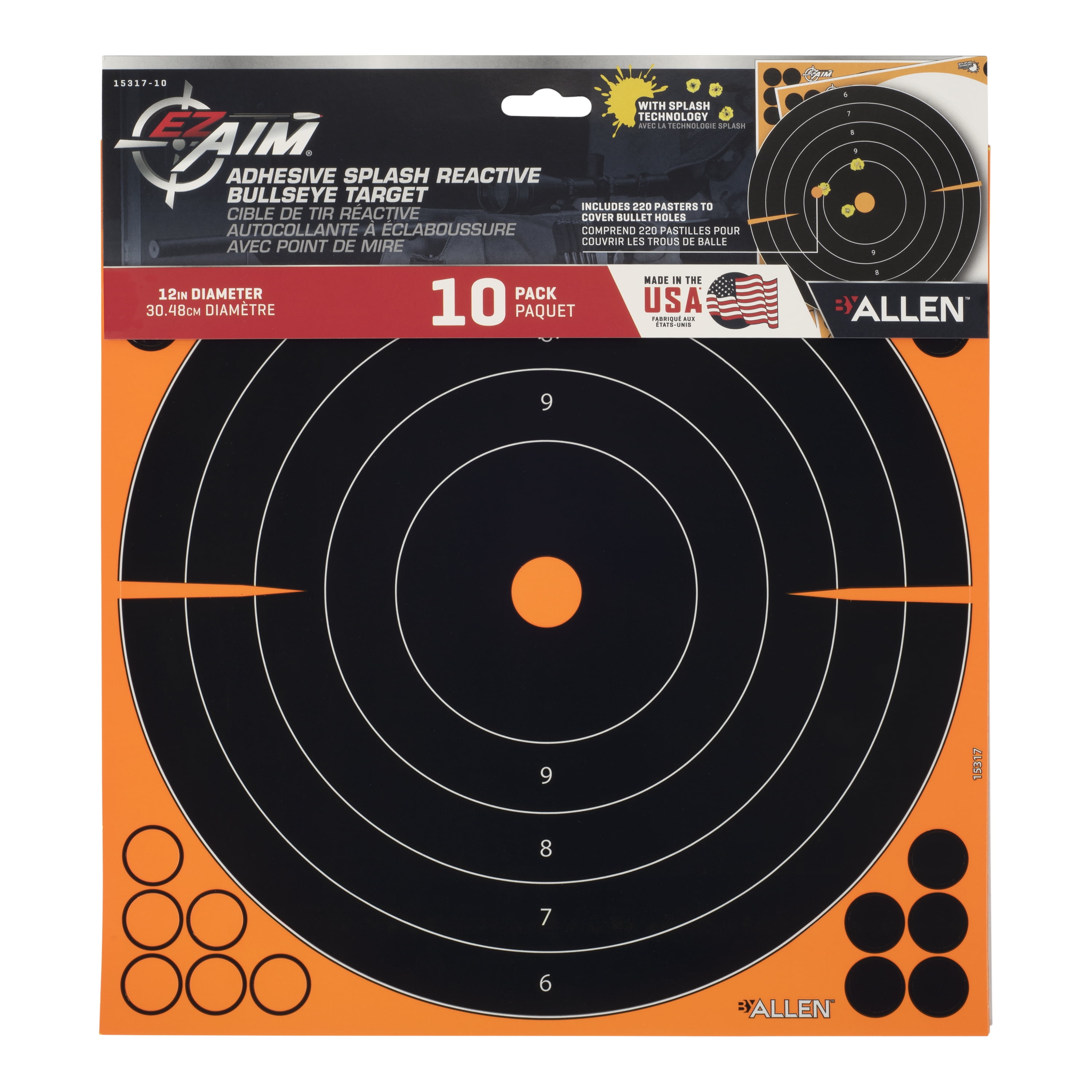 EZ Aim Splash® Reactive Adhesive Paper Shooting Targets, Bullseye, 12" Square, 10-Pack, Black/Orange