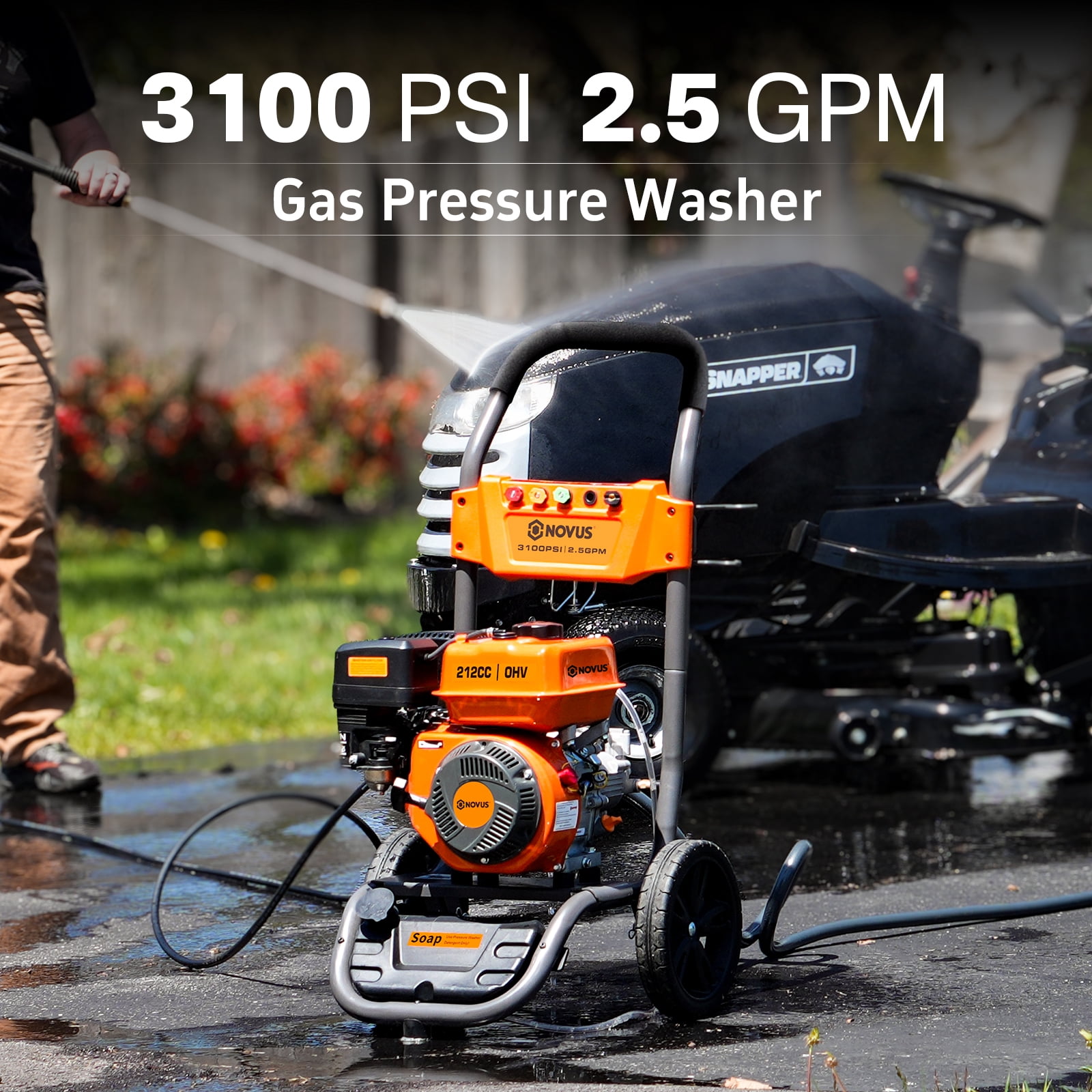 NOVUS Gas Pressure Washer 3100 PSI 2.5 GPM 212cc Engine with 30FT Hose, 5 Quick Connect Nozzles, Onboard Soap Tank, Spray Gun and Wand