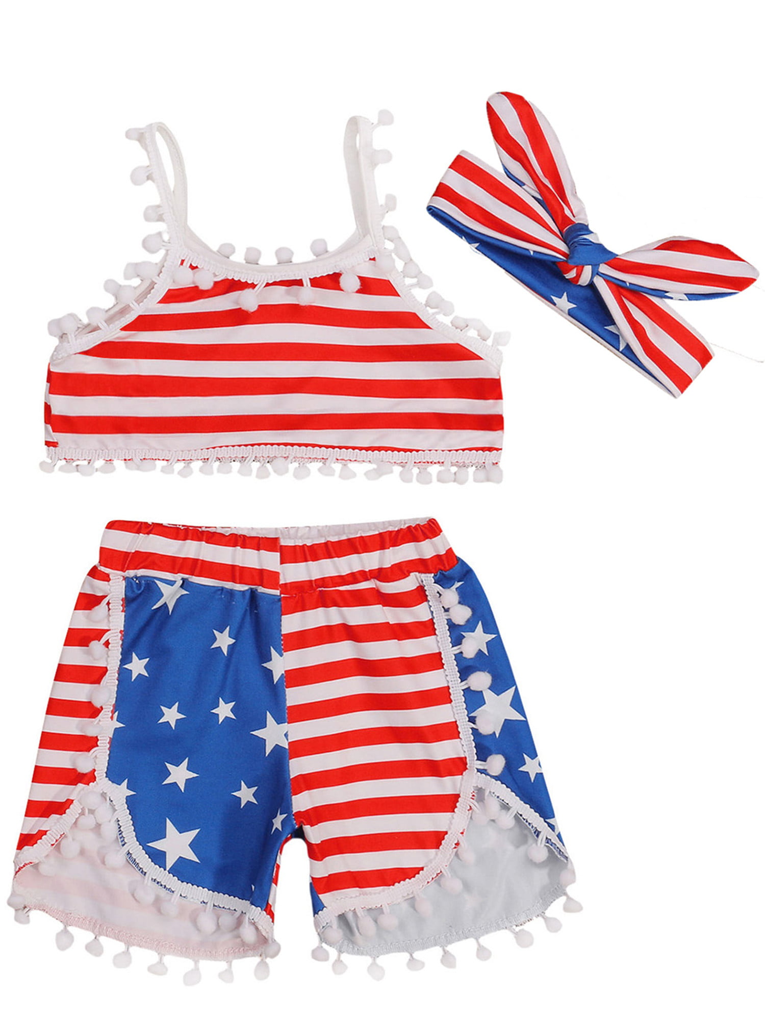 ADDRUALI0 Independence Day 3Pcs Outfits Newborn Kids Baby Girl Star Off Shoulder Crop Top Headband Bowknot Striped Shorts 