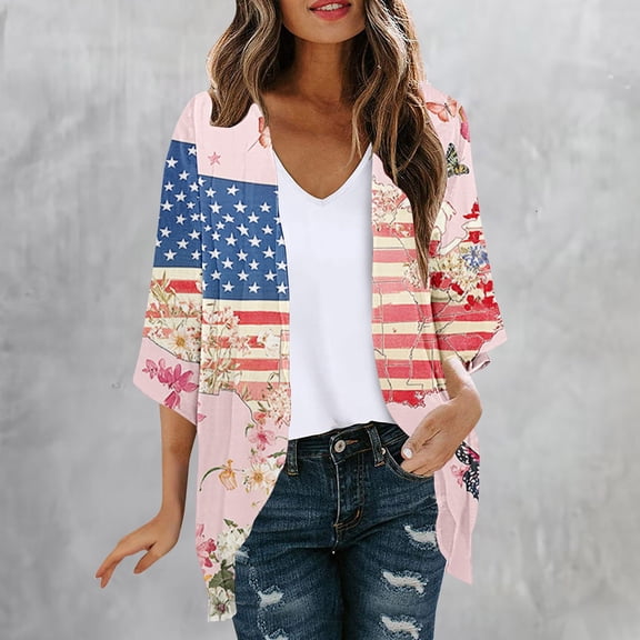 Pounoo Women's Cover Ups Open Front 3/4 Sleeve Rose Print Cardigans Casual Lightweight Loose Fit Kimonos Gift