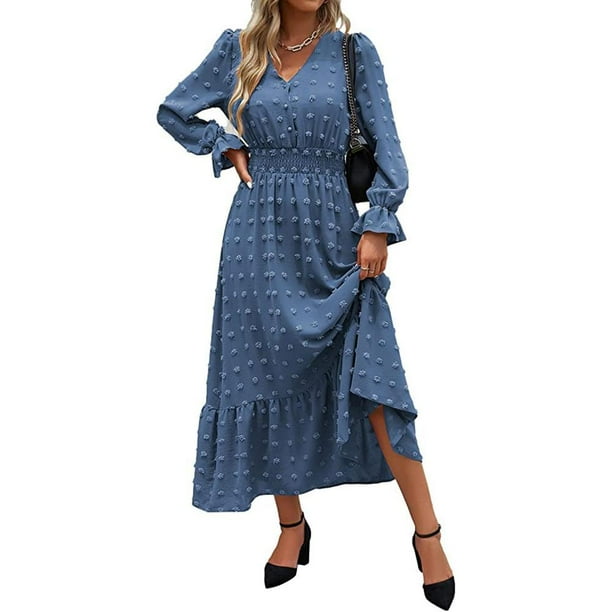 Vestido largo bohemio con lunares, corte en A, vestido escalonado con volantes para mujer, traje diario Kuymtek Azul T M para Mujer