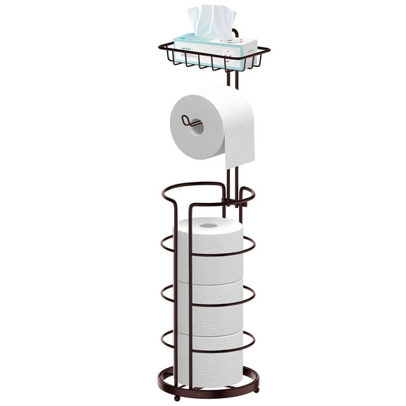 Toilet Paper Holder Stand, Free Standing Bathroom Toilet Tissue Roll Holder and Dispenser with Storage Shelf Bronze