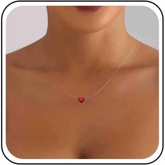 Vintage Red Heart Pendant Necklace Silver Transparent Invisible Chain Necklace Tiny Heart Choker Necklace Heart Fishing Line Necklace Chain Jewelry for Women