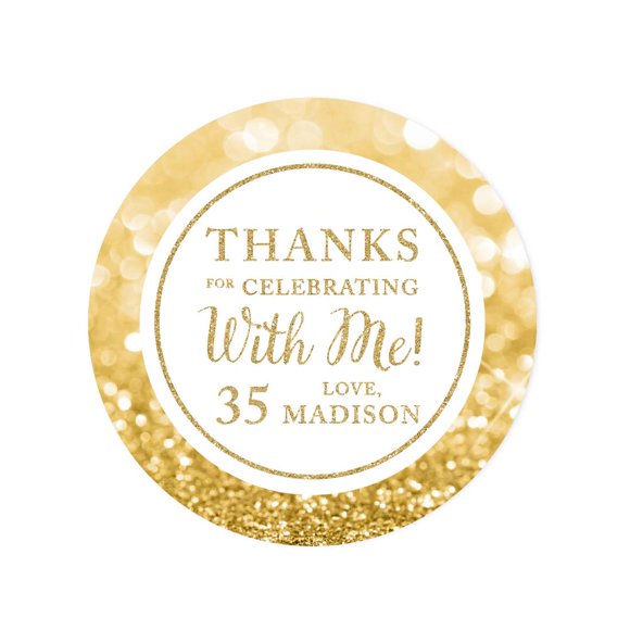 Andaz Press Personalized Glitzy Faux Gold Glitter Round Sticker Labels, Thanks for Celebrating with Me 35, 35th Birthday or Anniversary, 40-Pack, Custom Name
