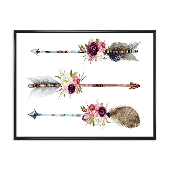 Designart 'Flowers and Ethnic Feathers On Native Arrows III' Bohemian & Eclectic Framed Canvas Wall Art Print