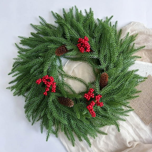 18 Inch Artificial Christmas Wreaths for Front Door, Large Winter Green Pine Wreath with Red Berries and Hangers, Real Touch Door Wreath for Wall Window Fireplace Indoor Outdoor Home Decor